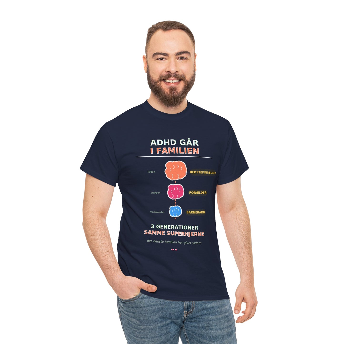 Tshirt - ADHD Går I Familien  - 3 Generationer Samme Superhjerne